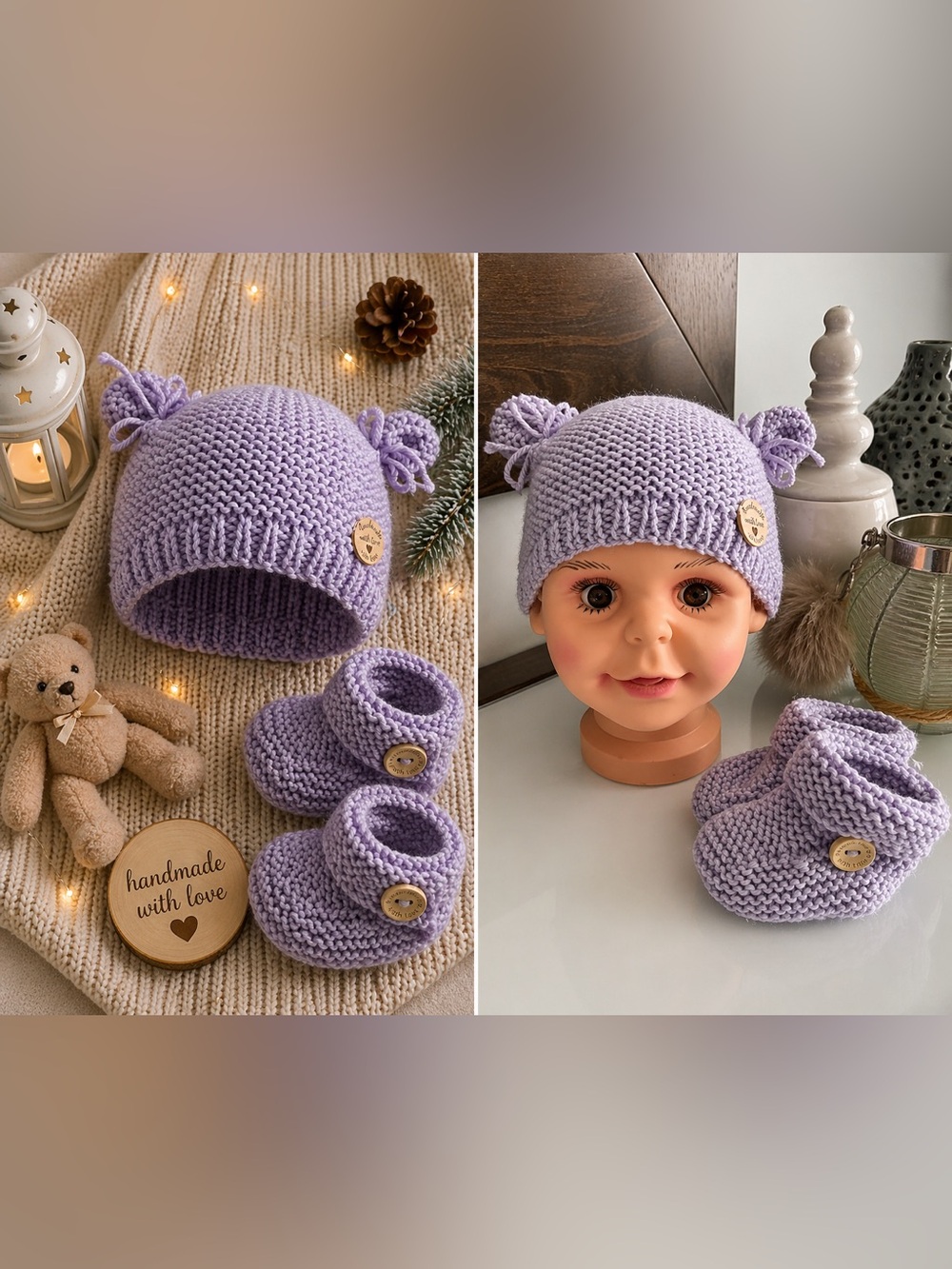 Knitted Baby Hat & Booties Set - Lavender